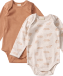 Bodys Langarm mit Bären-Muster, braun + beige, Gr. 74/80, 2 St