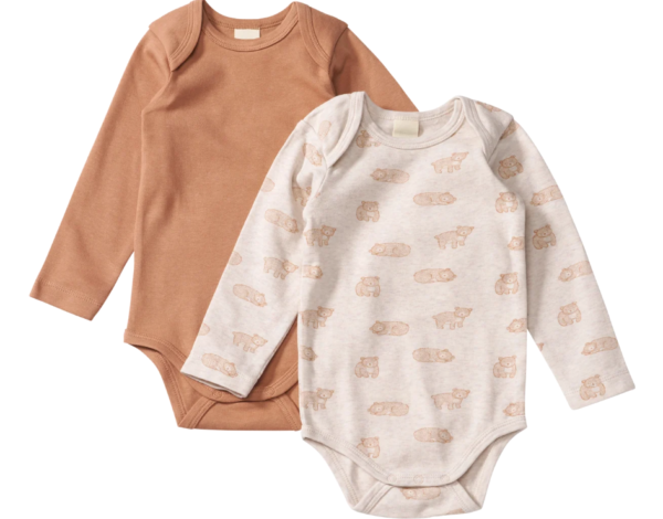 Bodys Langarm mit Bären-Muster, braun + beige, Gr. 74/80, 2 St
